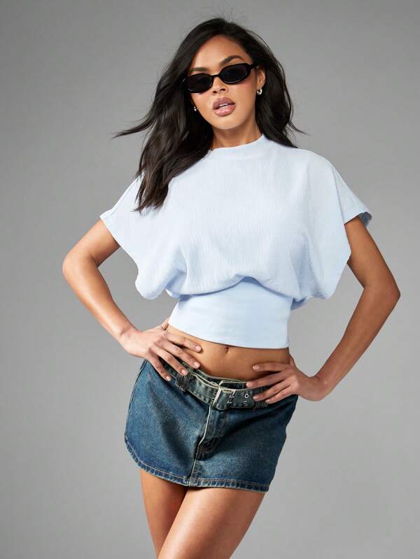 missguided MISSGUIDED Textured Cinched Waist Crop Basic Tops