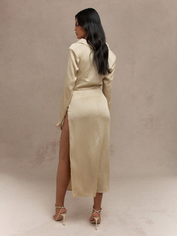 Missguided MISSGUIDED Textured Cowl Collar Neck Long Sleeves Side Slit Midi Dress