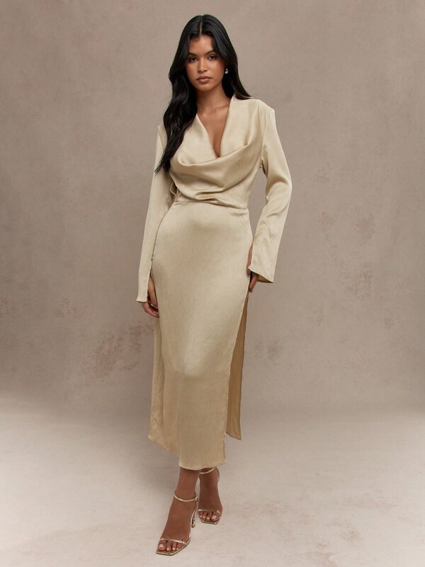 Missguided MISSGUIDED Textured Cowl Collar Neck Long Sleeves Side Slit Midi Dress
