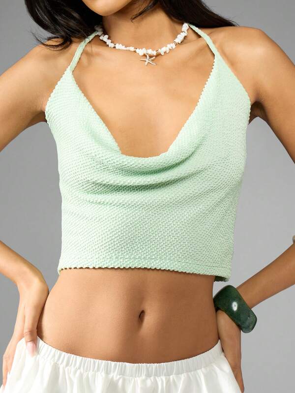 Missguided MISSGUIDED Textured Cowl Neck Halter Ruched Fitted Crop Tank Top