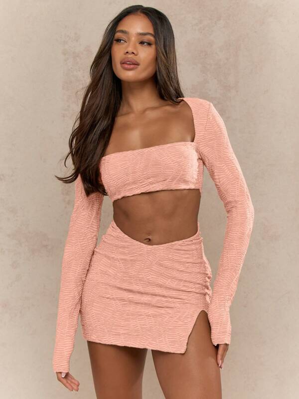 missguided MISSGUIDED Textured Cut Out Long Sleeve Mini Party Dress With Square Neckline And Ruching