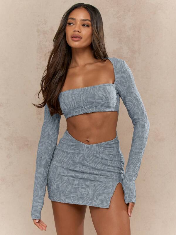 missguided MISSGUIDED Textured Cut Out Long Sleeve Mini Party Dress With Square Neckline And Ruching