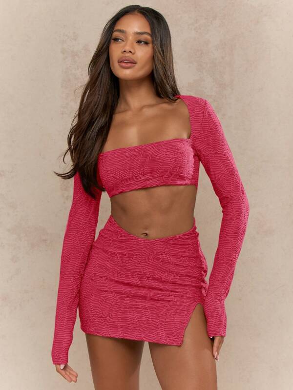 missguided MISSGUIDED Textured Cut Out Long Sleeve Mini Party Dress With Square Neckline And Ruching