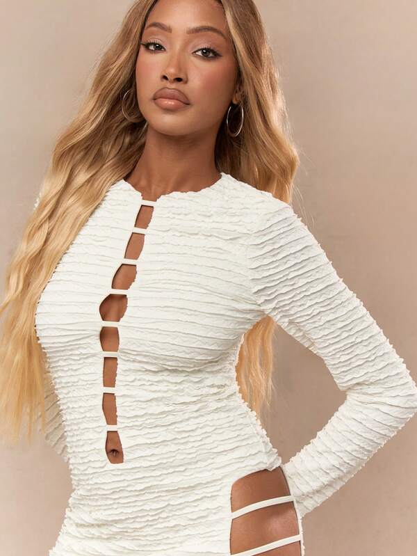 Missguided MISSGUIDED Textured Cut-Out Long Sleeves Bodycon Side Slit Hem Mini Dress