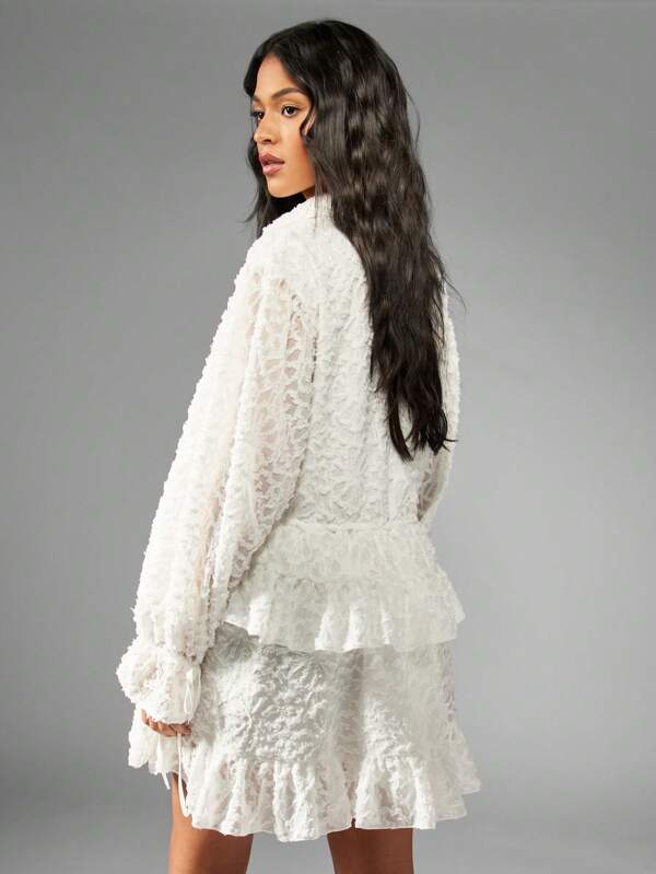 Missguided MISSGUIDED Textured Embroidered Georgette Shirt Dress With Tiered Ruffle Hem