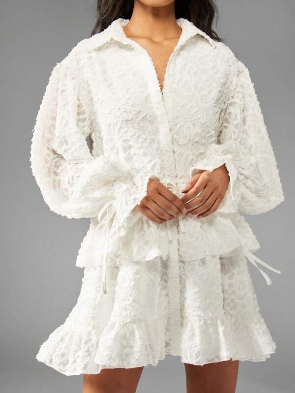 Missguided MISSGUIDED Textured Embroidered Georgette Shirt Dress With Tiered Ruffle Hem