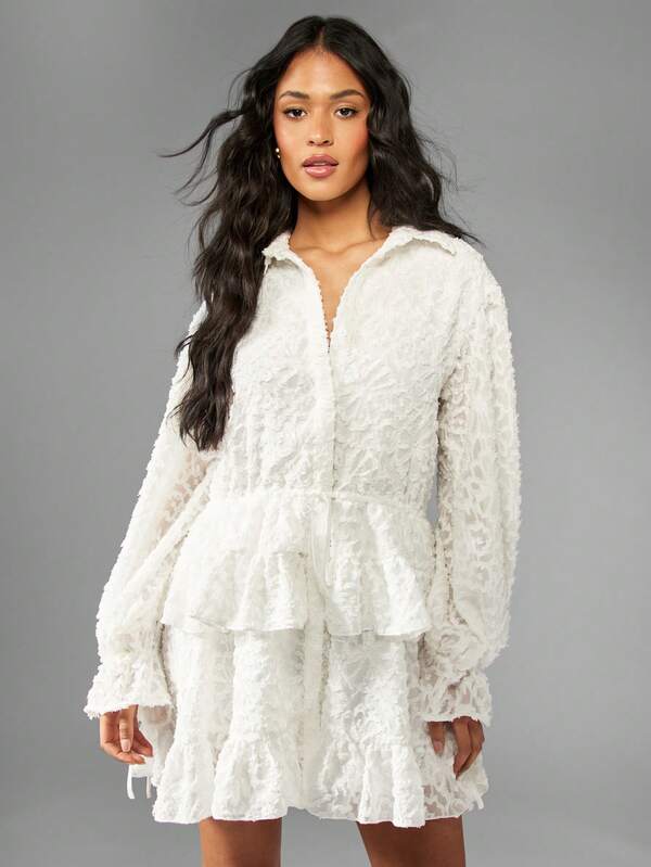 Missguided MISSGUIDED Textured Embroidered Georgette Shirt Dress With Tiered Ruffle Hem