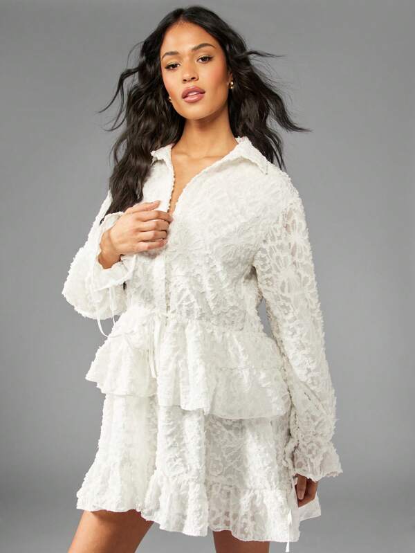 missguided MISSGUIDED Textured Embroidered Georgette Shirt Dress With Tiered Ruffle Hem