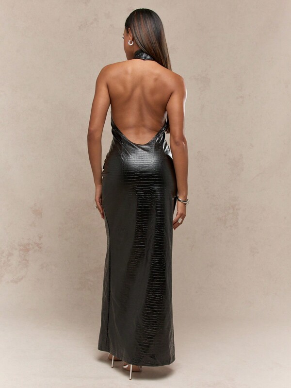 Missguided MISSGUIDED Textured Faux Leather Cross Halter Neck Buttoned Front Slit Backless Maxi Dress