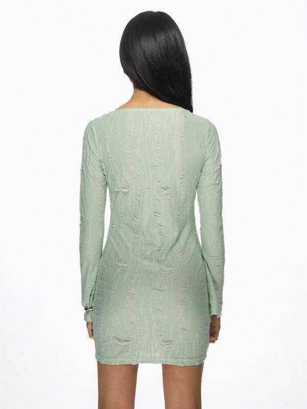Missguided MISSGUIDED Textured Flared Long Sleeve Distressed Knit Bodycon Mini Dress