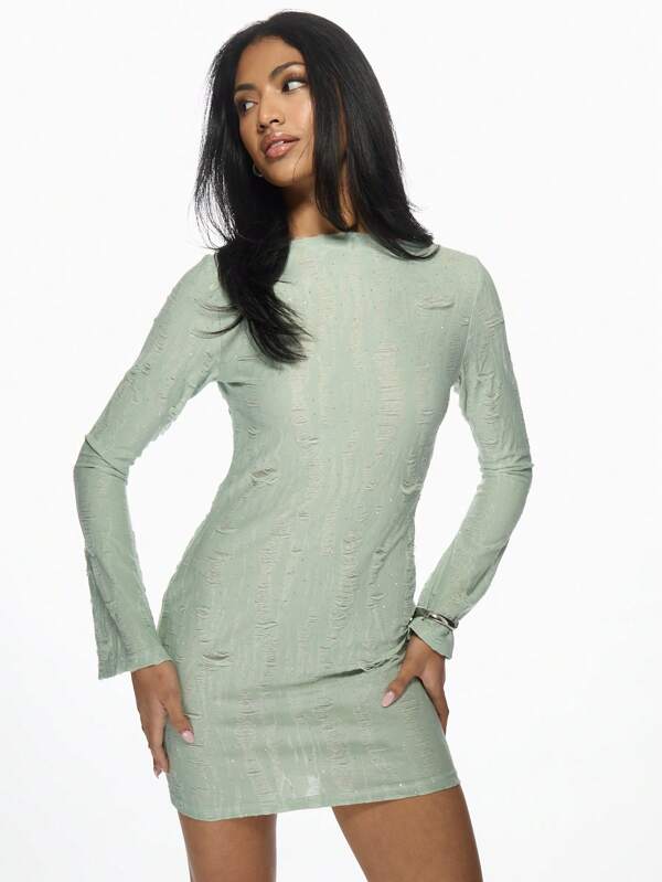 Missguided MISSGUIDED Textured Flared Long Sleeve Distressed Knit Bodycon Mini Dress