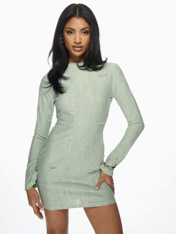 missguided MISSGUIDED Textured Flared Long Sleeve Distressed Knit Bodycon Mini Dress