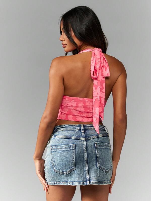 Missguided MISSGUIDED Textured Floral Halter Scarf Tie Crop Top