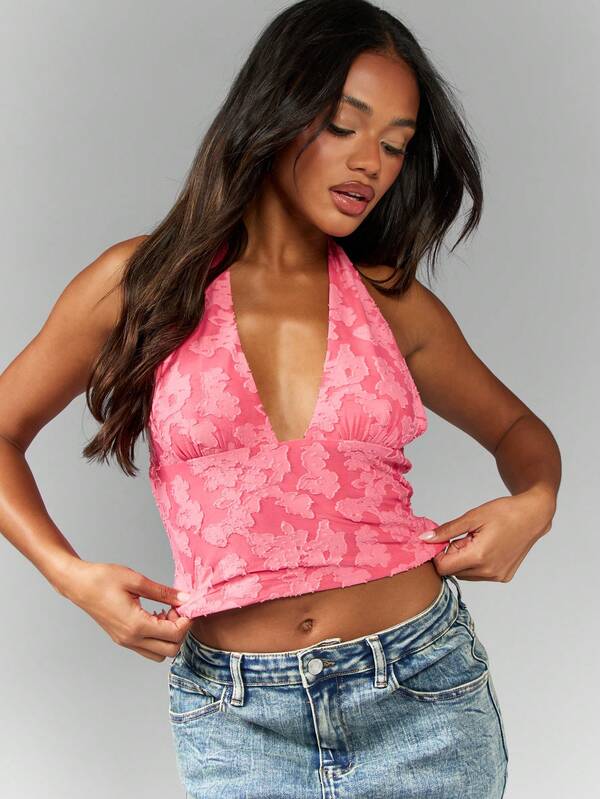Missguided MISSGUIDED Textured Floral Halter Scarf Tie Crop Top
