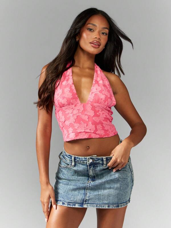 missguided MISSGUIDED Textured Floral Halter Scarf Tie Crop Top