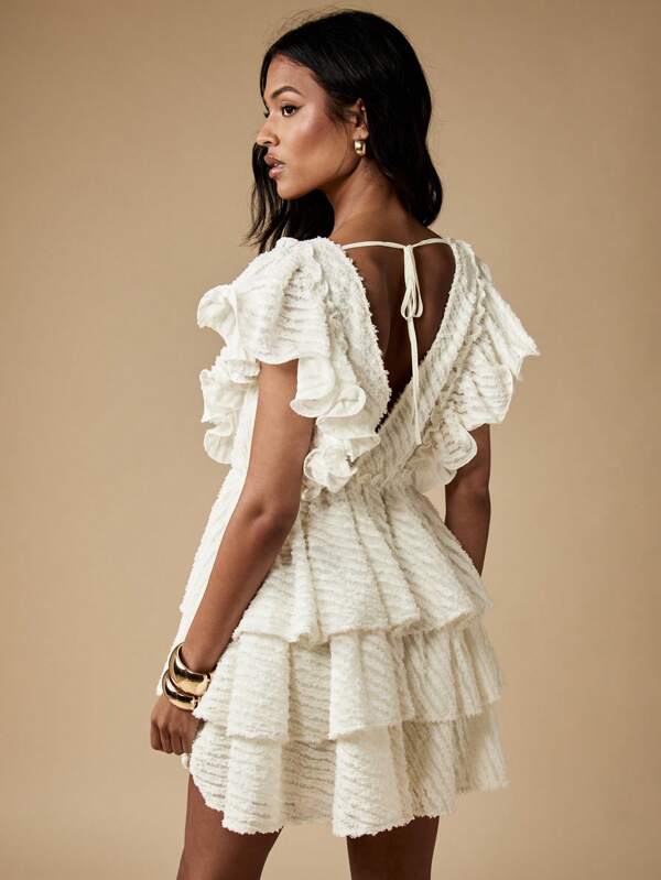 Missguided MISSGUIDED Textured Flutter Sleeve Tiered Ruffle V-Neck Mini Dress