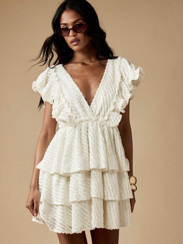 missguided MISSGUIDED Textured Flutter Sleeve Tiered Ruffle V-Neck Mini Dress