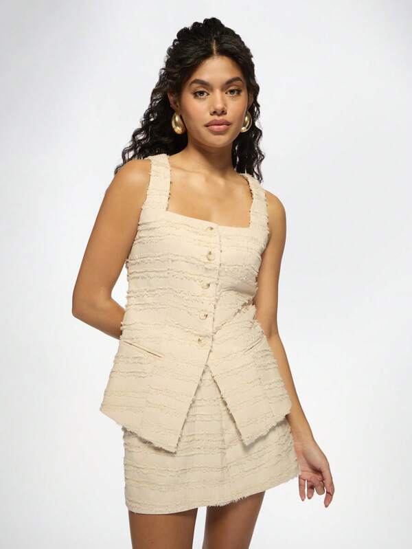 missguided MISSGUIDED Textured Frayed Edge Vest And Mini Skirt Two-Piece Set