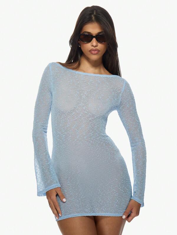 missguided MISSGUIDED Textured Glitter Long Sleeve Bodycon Mini Dress
