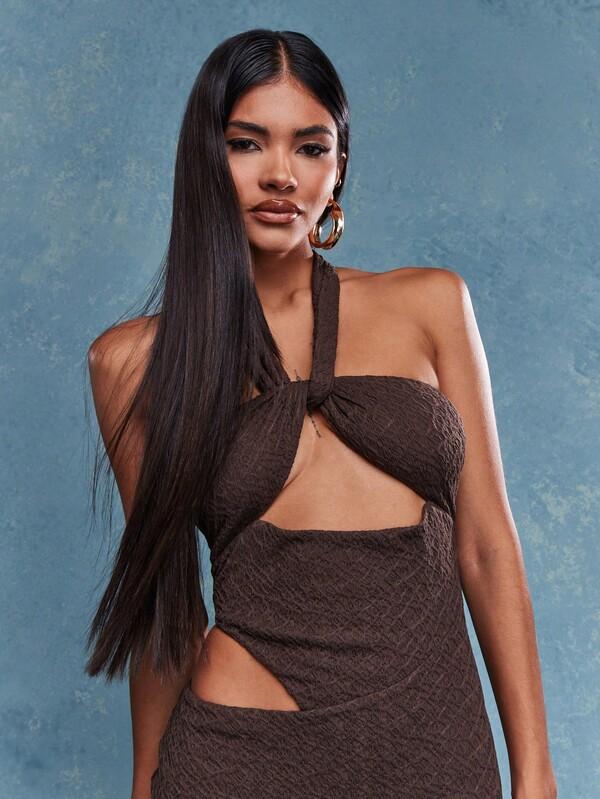 Missguided MISSGUIDED Textured Halter Neck Bow Tie Detail Cut Out Backless Fish Cut Hem Bodycon Mini Dress