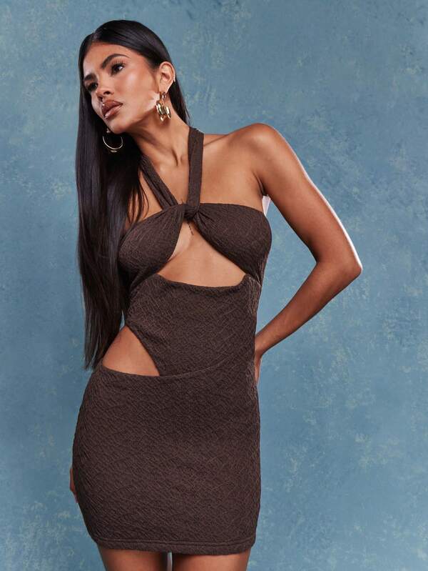 Missguided MISSGUIDED Textured Halter Neck Bow Tie Detail Cut Out Backless Fish Cut Hem Bodycon Mini Dress