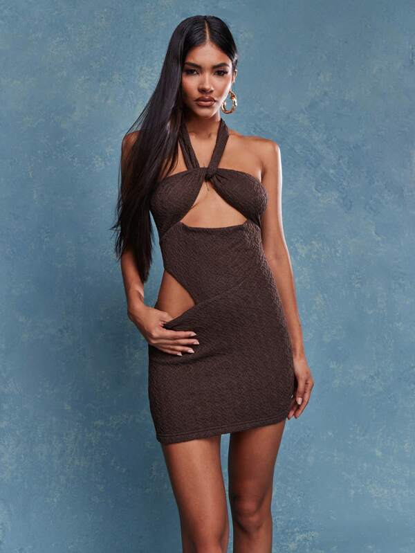 missguided MISSGUIDED Textured Halter Neck Bow Tie Detail Cut Out Backless Fish Cut Hem Bodycon Mini Dress