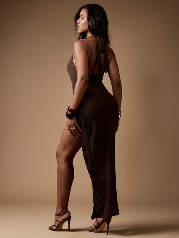 Missguided MISSGUIDED Textured Halter Neck Long Dress With Split High Slit Side Cut