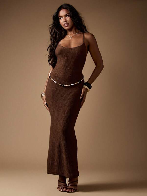 missguided MISSGUIDED Textured Knit Bodycon Maxi Dress Crisscross Back Spaghetti Strap