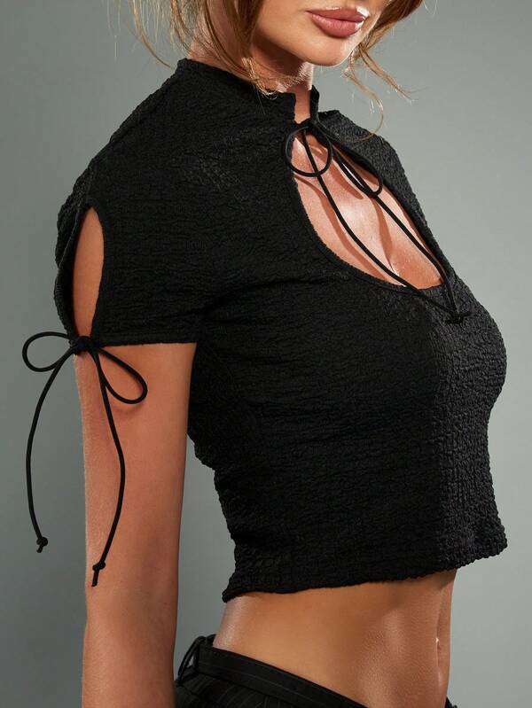 missguided MISSGUIDED Textured Knit Collared Cutout Top