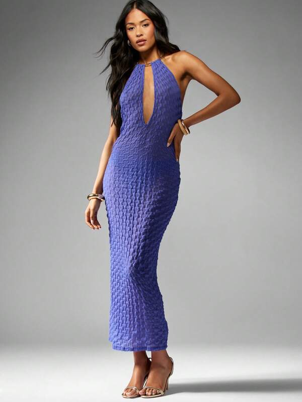 missguided MISSGUIDED Textured Knit Halter Plunge Backless Bodycon Midaxi Dress