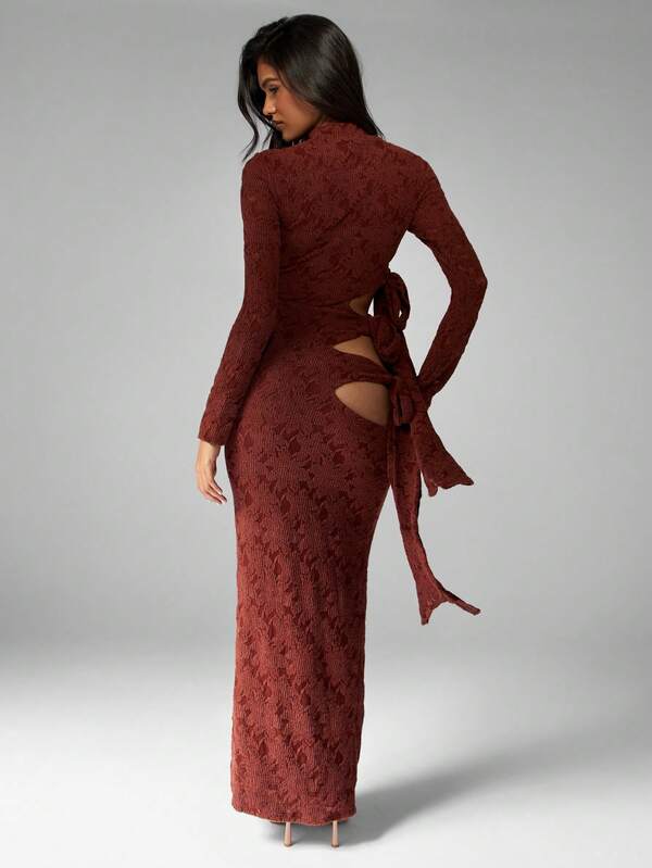 Missguided MISSGUIDED Textured Knit High Neck Cut Out Side Tie Midi Dress