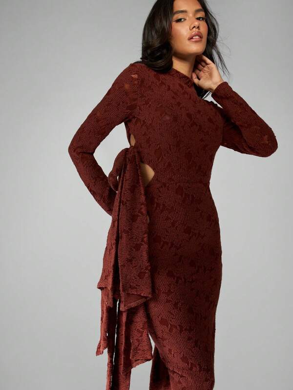 Missguided MISSGUIDED Textured Knit High Neck Cut Out Side Tie Midi Dress