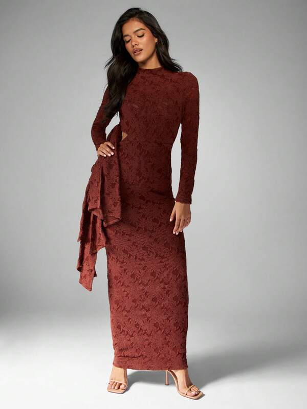 Missguided MISSGUIDED Textured Knit High Neck Cut Out Side Tie Midi Dress