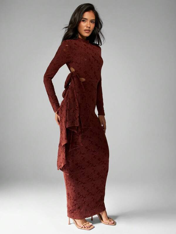missguided MISSGUIDED Textured Knit High Neck Cut Out Side Tie Midi Dress
