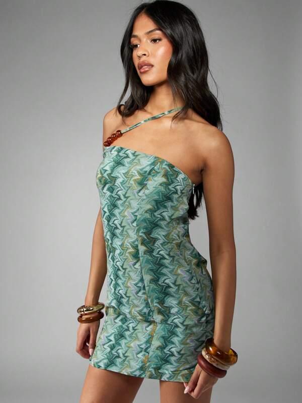 missguided MISSGUIDED Textured Knit One Shoulder Beaded Strap Wave Pattern Mini Dress