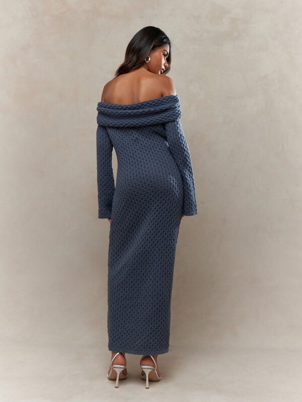 Missguided MISSGUIDED Textured Knit Ruched Off-Shoulder Long Sleeves Bodycon Maxi Sweater Dress