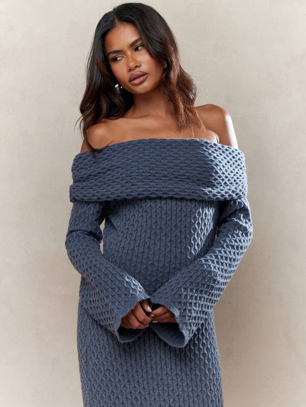 Missguided MISSGUIDED Textured Knit Ruched Off-Shoulder Long Sleeves Bodycon Maxi Sweater Dress