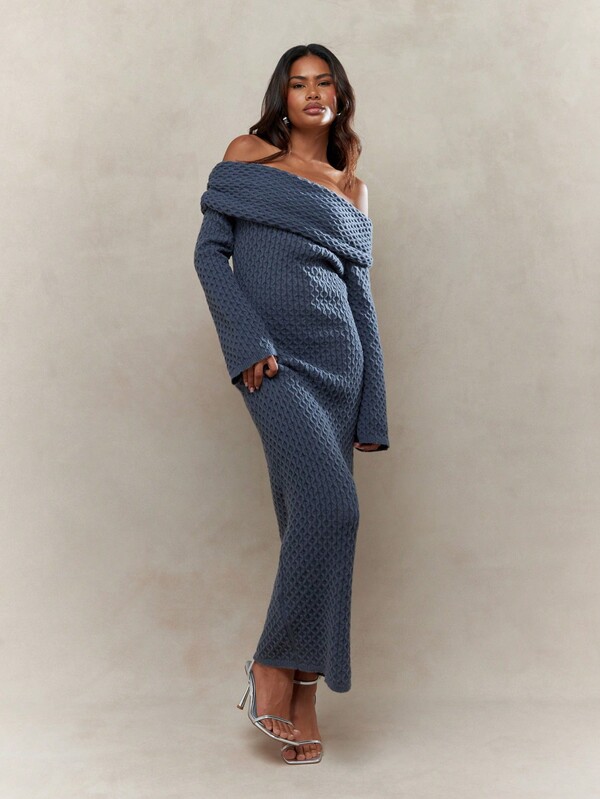 Missguided MISSGUIDED Textured Knit Ruched Off-Shoulder Long Sleeves Bodycon Maxi Sweater Dress