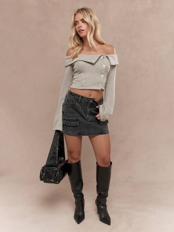 Missguided MISSGUIDED Textured Knitted Fold Over Long Flared Sleeves Crop Bardot Top