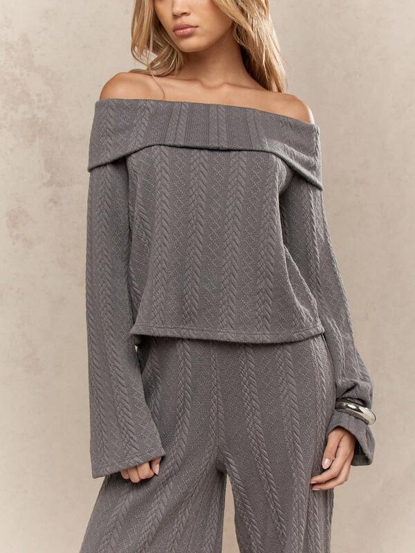 Missguided MISSGUIDED Textured Knitted Rolled Off-Shoulder Full Sleeve Top With Wide Leg Pants 2 Piece Set