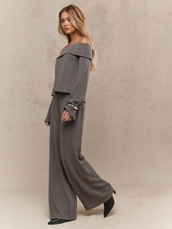 Missguided MISSGUIDED Textured Knitted Rolled Off-Shoulder Full Sleeve Top With Wide Leg Pants 2 Piece Set