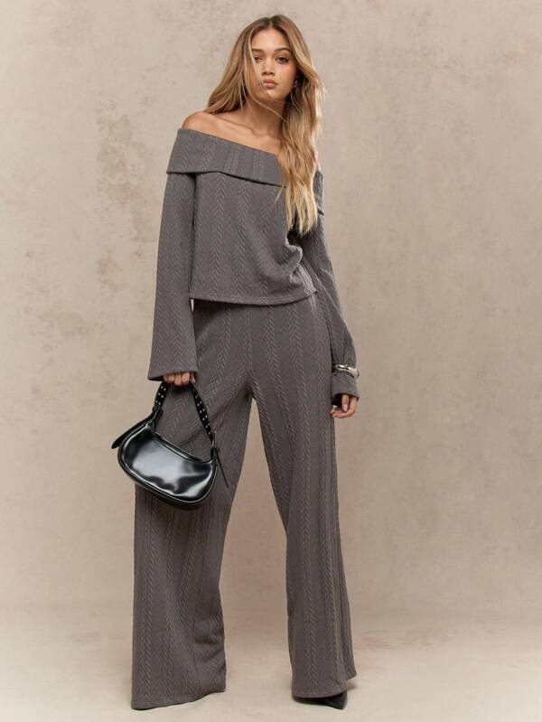 missguided MISSGUIDED Textured Knitted Rolled Off-Shoulder Full Sleeve Top With Wide Leg Pants 2 Piece Set