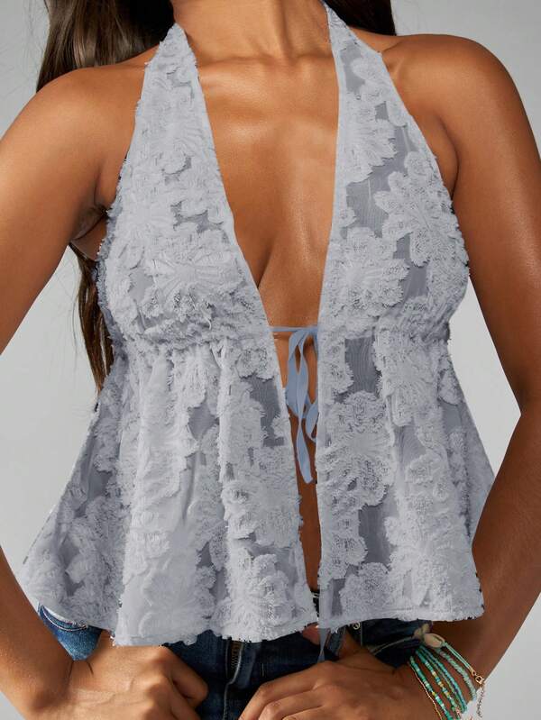 Missguided MISSGUIDED Textured Lace Halter Neck Tie Front Peplum Women Tops