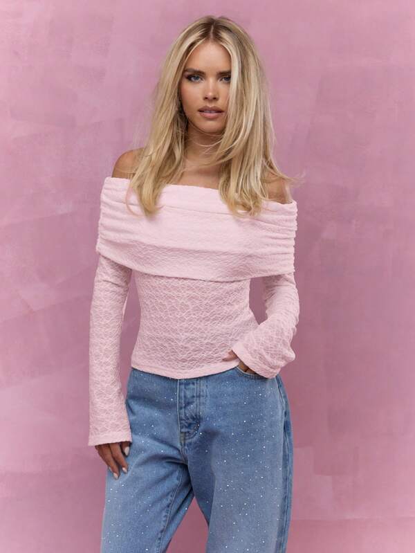 missguided MISSGUIDED Textured Lace Off Shoulder Top With Ruched Neckline