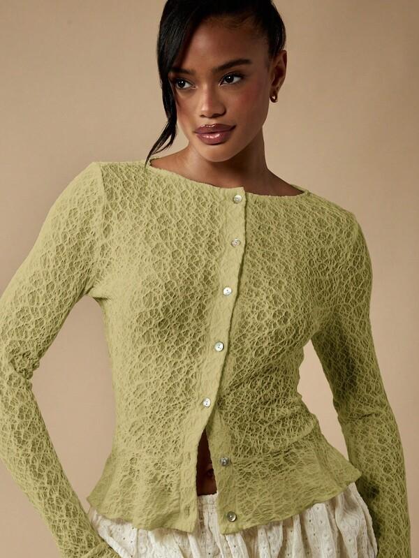 missguided MISSGUIDED Textured Lace Pattern Cardigan With Peplum Hem And Button Front