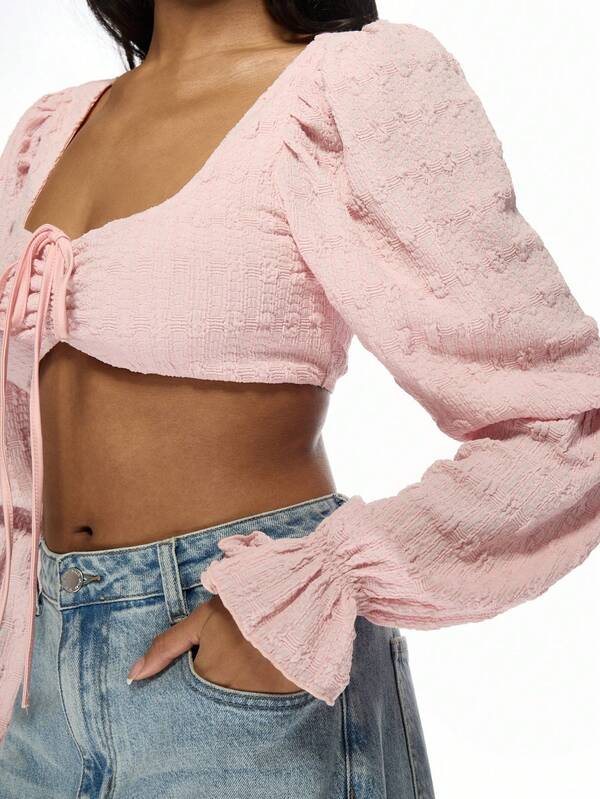 Missguided MISSGUIDED Textured Long Sleeve Corset Crop Top