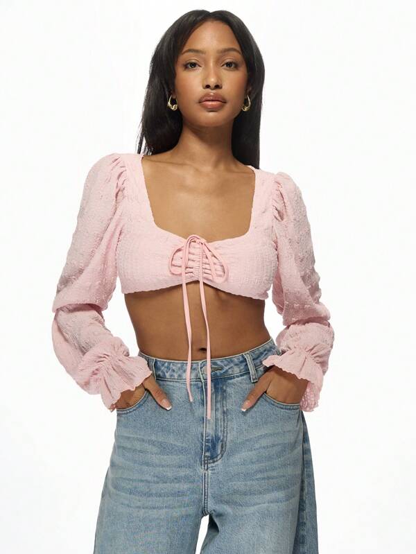 missguided MISSGUIDED Textured Long Sleeve Corset Crop Top