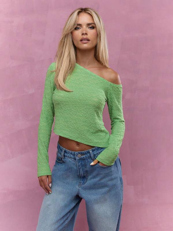 missguided MISSGUIDED Textured Long Sleeve Off Shoulder Crop Top