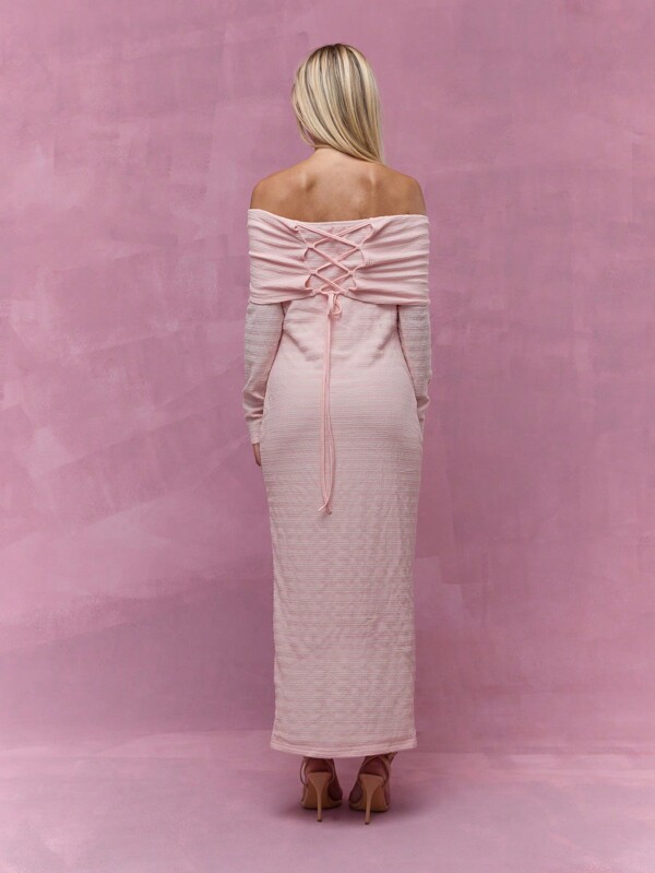Missguided MISSGUIDED Textured Long Sleeves Bardot Maxi Dress