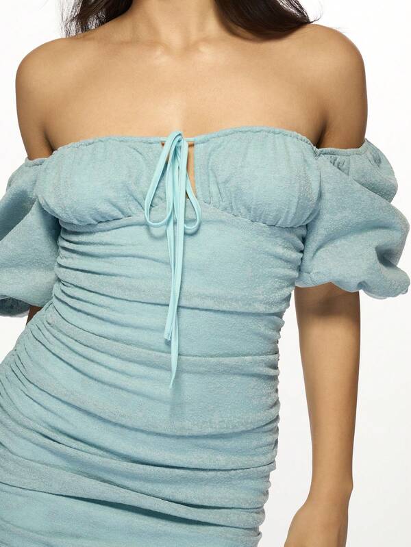 Missguided MISSGUIDED Textured Milkmaid Mini Dress With Puff Sleeves